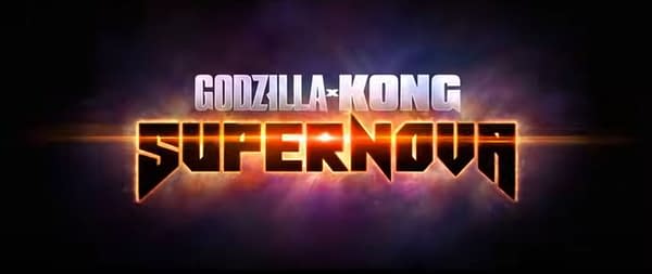 A stylized logo for 'Godzilla x Kong: Supernova,' featuring bold, dramatic typography with 'Godzilla' and 'Kong' above a large, fiery 'SUPER NOVA.' The background suggests a cosmic theme with vibrant colors and a celestial effect.