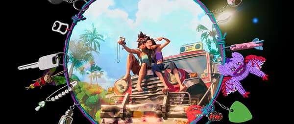 An illustration featuring two characters sitting on the hood of a colorful jeep surrounded by a tropical landscape. The scene includes various playful items like keys and crafts, emphasizing a theme of adventure and nostalgia.