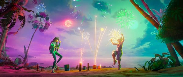 A vibrant digital illustration depicting two characters celebrating on a beach under a colorful fireworks display. The scene is set against a backdrop of palm trees and a serene ocean, creating a lively atmosphere.