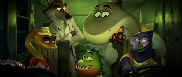 A cartoon scene from 'The Bad Guys 2,' featuring a group of animated animal characters, including a wolf in a lab coat, a snake wearing a hat, a smiling green creature, and a gorilla with glasses, all gathered in a dimly lit setting that suggests an adventure.