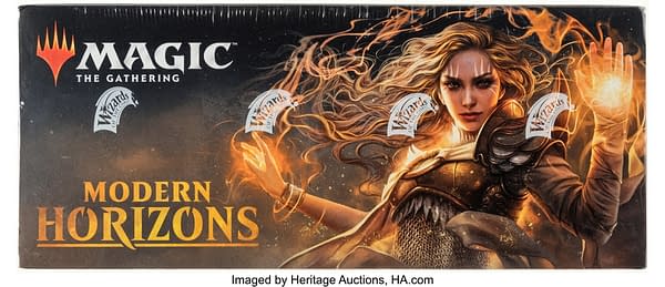 The front face of the sealed booster box of Modern Horizons, an expansion set for Magic: The Gathering. Currently available at auction on Heritage Auctions' website.