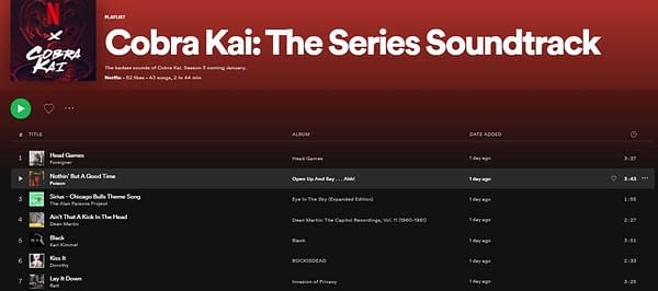 Cobra Kai and Spotify have released an official playlist for season 1 and 2. (Image: Spotify screencap)