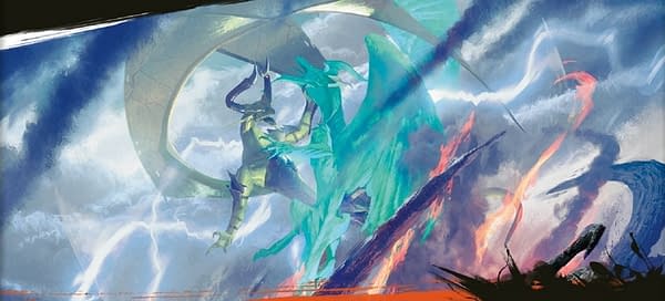 The artwork for the original printing of Crux of Fate from the Fate Reforged expansion set for Magic: The Gathering. Illustrated here by artist Michael Komarck.