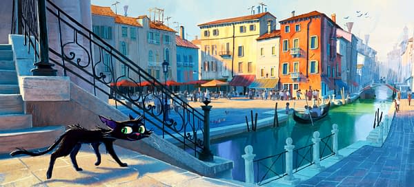 Concept art featuring a whimsical black cat walking along a canal in a vibrant, sunlit town with colorful buildings and people enjoying their day. The scene captures the essence of animation from Pixar, highlighting the playful character in a picturesque setting.