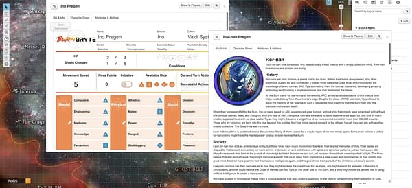 A screenshot from Roll20's first original role-playing game Burn Bryte, featuring a pre-generated set of character sheets in different windows.