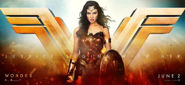 A promotional illustration featuring Wonder Woman in her iconic armor, standing confidently with her shield. The background has vibrant colors and includes the text "Justice Begins With Her" along with the word "Wonder."