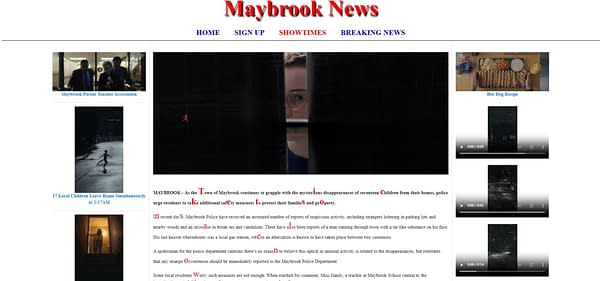 A black and white illustration featuring a child running down a deserted street, set against a backdrop that evokes a sense of mystery. This image connects to community concerns about safety and recent unusual occurrences in Maybrook.