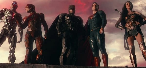 Ray Fisher, Ezra Miller, Ben Affleck, Henry Cavill, and Gal Gadot in Justice League (2017). Image courtesy of Warner Bros.