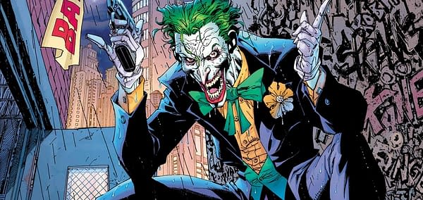 DC Comics' famous character The Joker, his eyes gleaming with the humor of something utterly sickening.