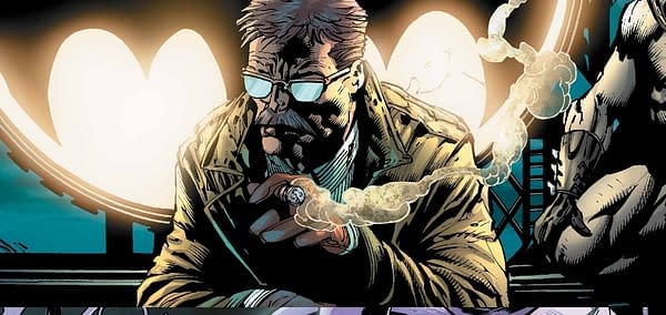DC Comics' Commissioner Gordon, investigating a crime.
