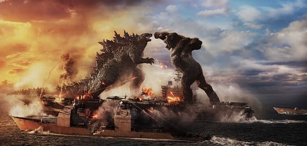 Copyright: © 2021 LEGENDARY AND WARNER BROS. ENTERTAINMENT INC. ALL RIGHTS RESERVED. GODZILLA TM & © TOHO CO., LTD. Photo Credit: Courtesy of Warner Bros. Pictures and Legendary Pictures. Caption: (L-r) GODZILLA battles KONG in Warner Bros. Pictures' and Legendary Pictures' action adventure 
