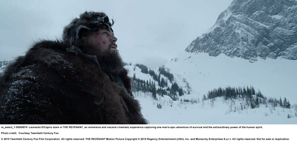 A scene from the film THE REVENANT featuring a rugged man with facial hair, dressed in a fur coat, gazing into the snowy wilderness, highlighting themes of survival and resilience.