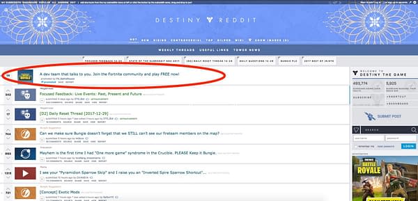 A Fortnite Ad Takes A Cheap Shot At Destiny 2 In Their Own Reddit