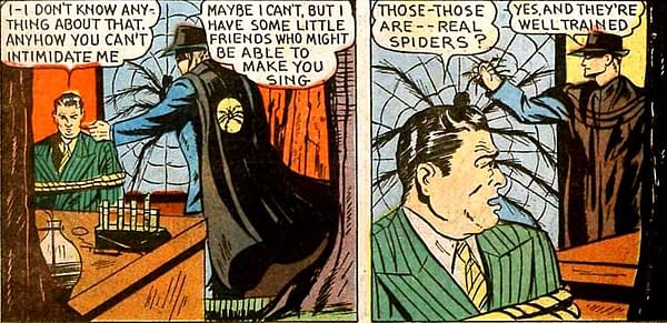 A vintage comic panel shows the Black Spider confronting a bound man while threatening him with trained spiders. The scene is from Super-Mystery Comics #3.