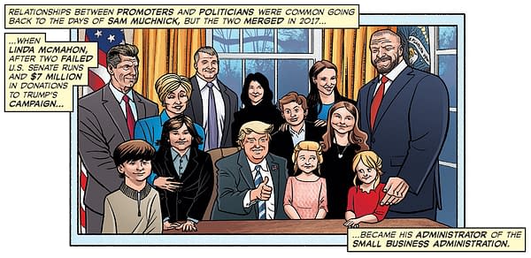 Artist Chris Moreno's interpretation of an actual photo of The McMahon family visiting their friend Donald Trump in the Oval Office, from the Comic Book Story of Professional Wrestling.