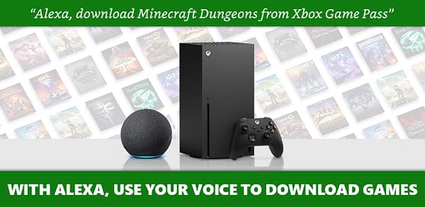 An example of a prompt for the Alexa device to directly download an Xbox Game Pass game with your voice alone. In this case, Minecraft Dungeons.