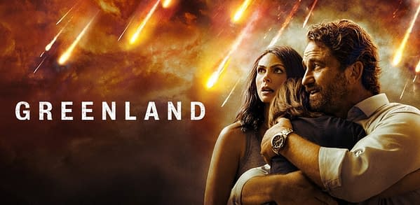 A dramatic movie poster for 'Greenland', featuring a man and a woman embracing in a tense moment. The background shows a fiery sky with falling meteorites, conveying a sense of urgency and danger.