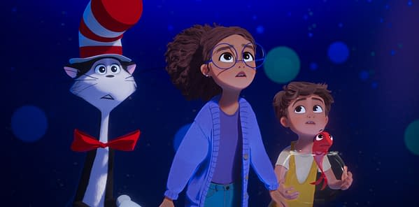 Animated Cat in the Hat scene with the Cat, a girl with glasses, and a boy looking up in wonder against a starry blue background.