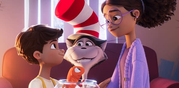 Animated Cat in the Hat scene with a smiling cat wearing the red-and-white striped hat between two children, one holding a goldfish bowl.