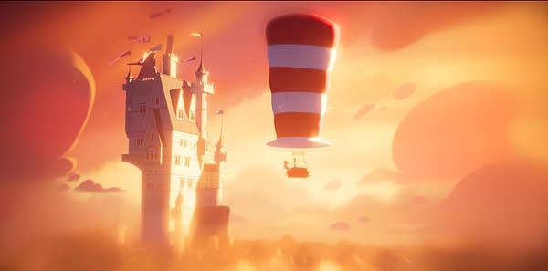 A whimsical illustration featuring a tall, ornate castle set against a dreamlike orange sky. In the foreground, a hot air balloon with a red and white striped top carries a small figure.
