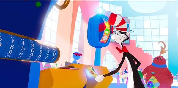 A vibrant illustration featuring a character in a tall red and white striped hat, resembling Dr. Seuss's style. The character interacts with a futuristic control panel amidst a whimsical, colorful setting filled with quirky creatures.