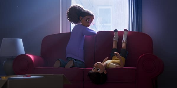 Animated scene of two children on a red couch, one hanging upside down while the other looks back over her shoulder near a bright window.