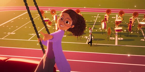 Animated scene from The Cat in the Hat: a smiling girl with glasses swings above a football field while the Cat in the Hat and a marching band perform below.