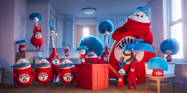 Animated characters from The Cat in the Hat, including the Cat and multiple Things with blue hair, gathered in a bright room.