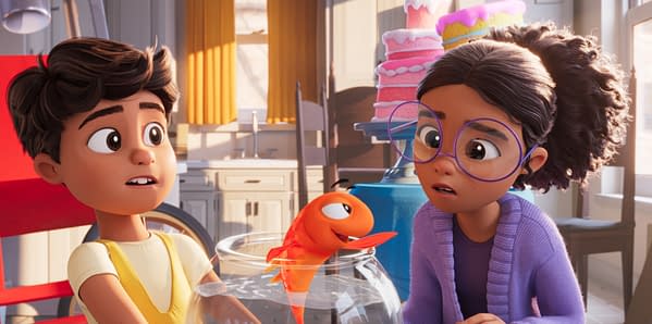 Animated scene of two children staring in surprise at an orange fish in a bowl, with a colorful tiered cake in the background. The Cat in the Hat style setting suggests a playful Dr. Seuss story.