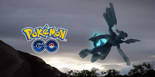 Zekrom, flying through the air so fancy free in Pokémon GO, courtesy of Niantic.