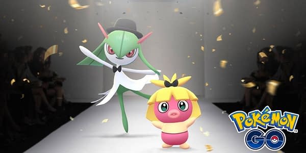 Promotional image of Kirlia and Smoochum celebrating. Credit: Niantic