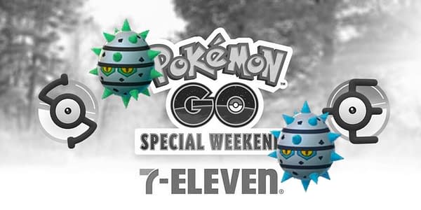 Ferroseed superimposed over the Pokémon GO and 7-Eleven Special Weekend promo graphic. Credit: Niantic