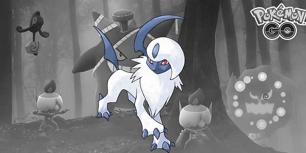 Absol official art over Pokémon GO Halloween event promotional graphic. Credit: Niantic