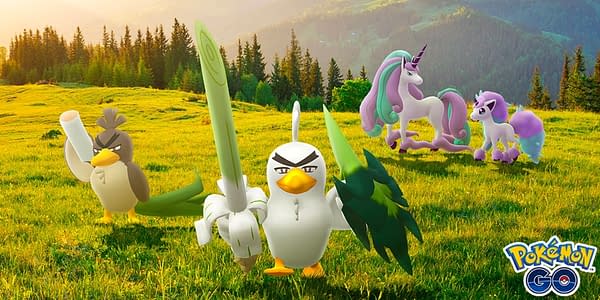 Sirfetch'd and Galarian Ponyta, Rapidash, and Farfetch'd promotional image in Pokémon GO. Credit: Niantic