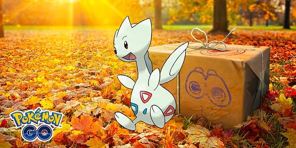 Togetic official artwork superimposed over the Research Breakthrough promotional image for Pokémon GO. Credit: Niantic & the Pokémon Company International