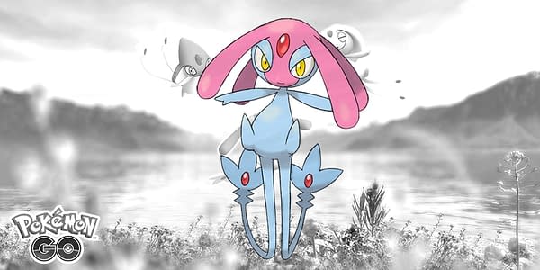 Official Mesprit artwork over Lake Trio promo image in Pokémon GO. Credit: Niantic & The Pokémon Company International