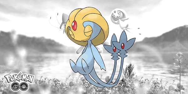 Official Uxie artwork over Lake Trio promo image in Pokémon GO. Credit: Niantic & The Pokémon Company International