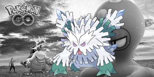 Mega Abomasnow official artwork over Mega Blastoise image in Pokémon GO. Credit: Pokémon Company International and Niantic