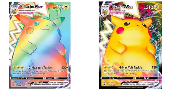 Pikachu Rainbow Rare and VMax cards. Credit: Pokémon TCG