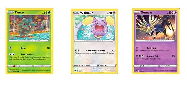 Pineco, Whismur, Xerneas cards. Credit: Pokémon TCG