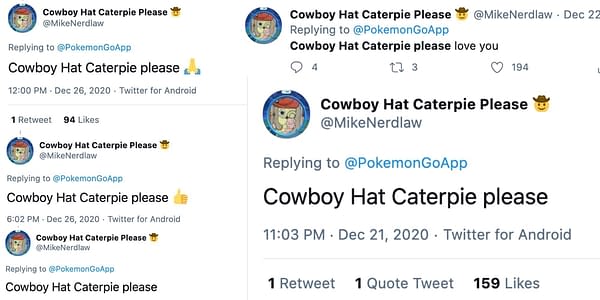 Twitter screenshots. Credit: The "Cowboy Hat Caterpie" guy's account