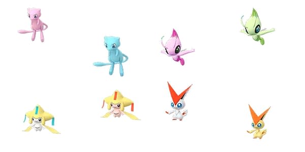 Mew, Celebi, Jirachi, and Victini regular and Shiny comparison in Pokémon GO. Credit: Niantic
