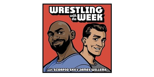 The logo for Wrestling with the Week, the new podcast from AEW and Rooster Teeth by Scorpio Sky and James Willems