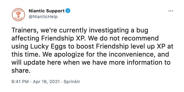 The tweet regaring Lucky Eggs in Pokémon GO. Credit: Niantic