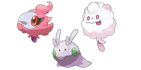 Spritzee, Swirlix, and Goomy official artwork. Credit: Pokémon Company