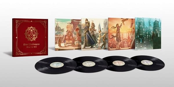 A shot of all four records from the Final Fantasy XIV vinyl LP collection, complete with vinyl sleeves done with stunning artwork by illustrator KUROIMORI, and the box to hold the four records.