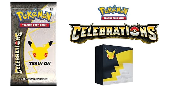 Celebrations booster pack, logo, and ETB. Credit: Pokémon TCG