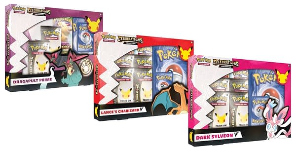 Dragapult Prime, Lance's Charizard V, and Dark Sylveon mock-up boxes. Credit: Pokémon TCG