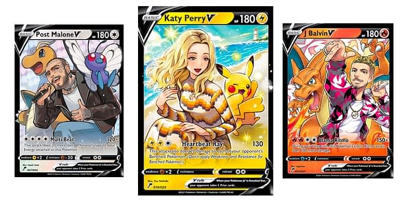 Katy Perry, Post Malone, & J Balvin cards. Credit: Pokémon TCG