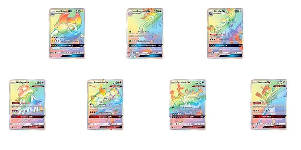 Rainbow Rare cards of Sun & Moon – Crimson Invasion. Credit: Pokémon TCG